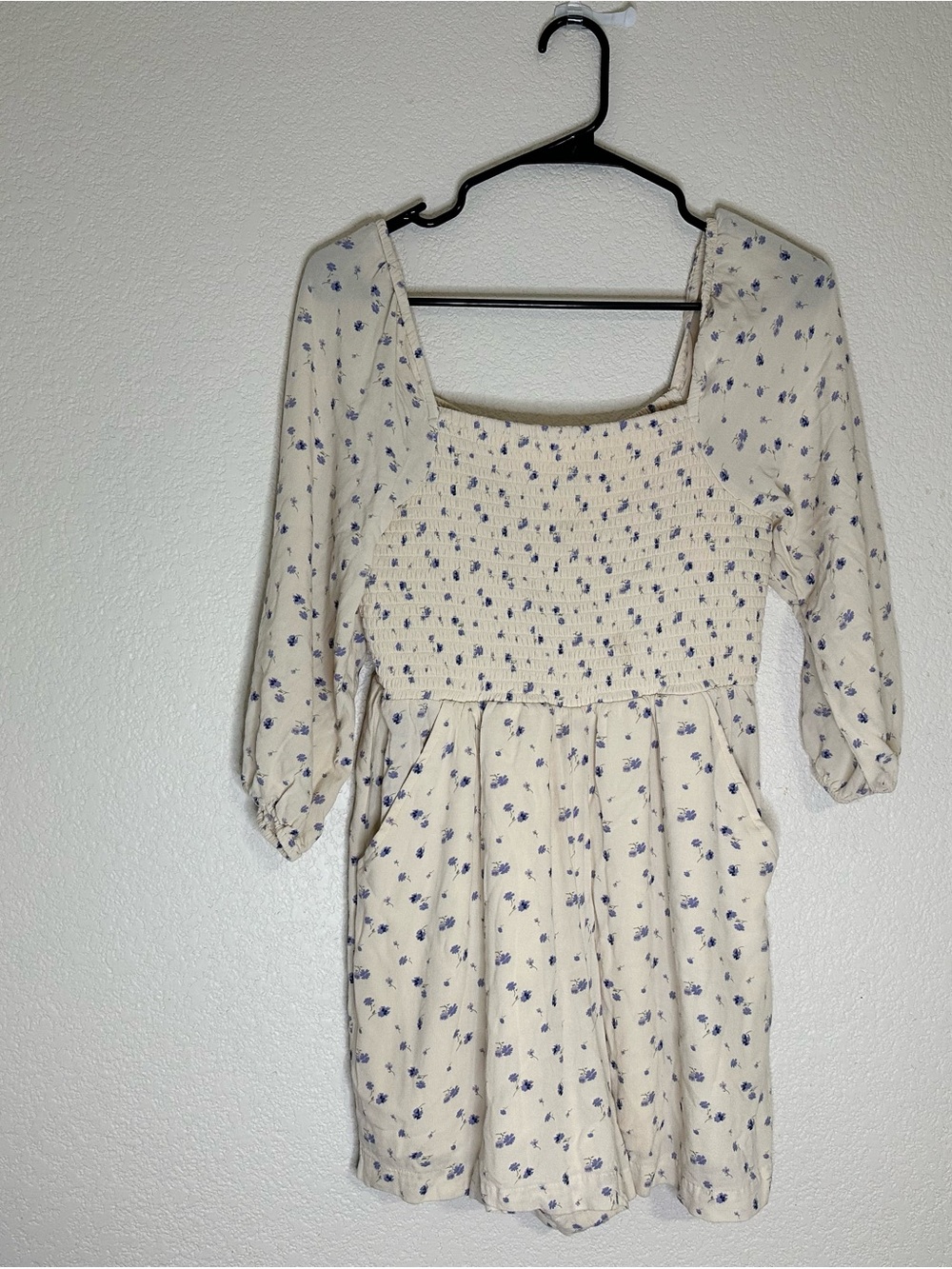 Cream Floral Smocked Square-Neck Dress